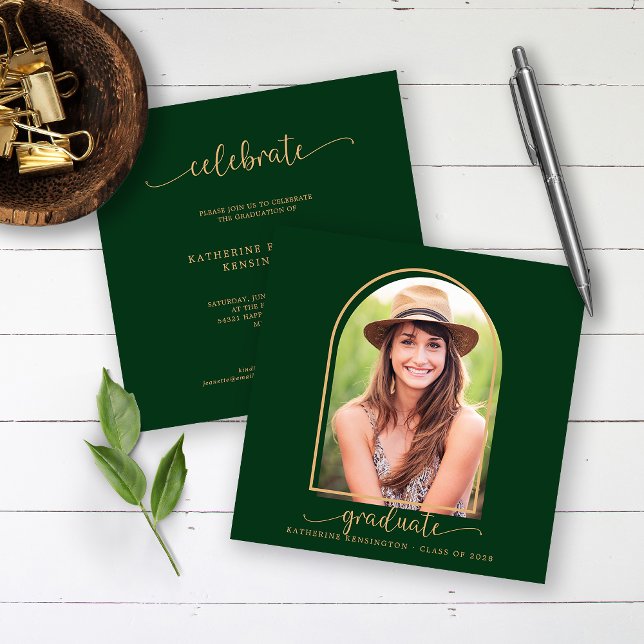 Boho Arch Dark Green Gold Photo Graduation Invitation (Creator Uploaded)