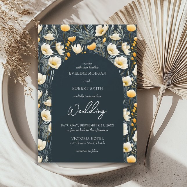 Boho arch dark green yellow ivory wild flowers invitation (Boho arch dark green yellow ivory wild flowers invitation)