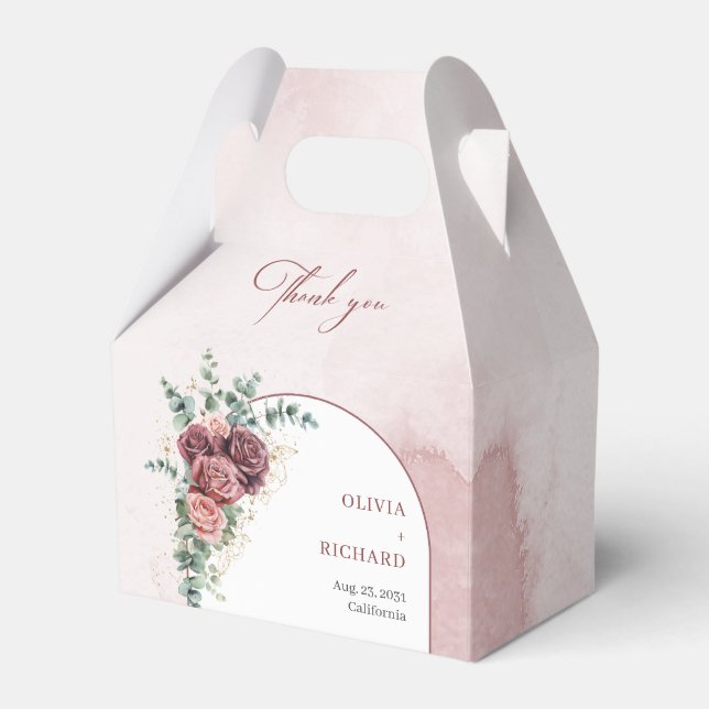 Boho arch dark maroon blush roses eucalyptus gold favour box (Front Side)