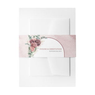 Boho arch dark maroon blush roses eucalyptus gold invitation belly band