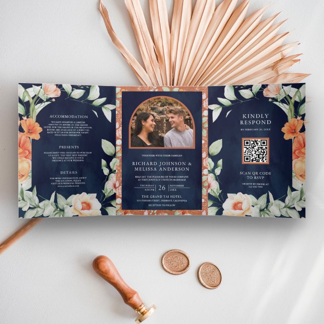 Boho Arch Earthy Floral Navy Blue QR Code Wedding Tri-Fold Invitation (Creator Uploaded)