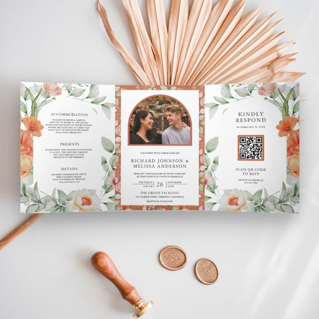 Boho Arch Earthy Floral QR Code Wedding Tri-Fold Invitation (Creator Uploaded)