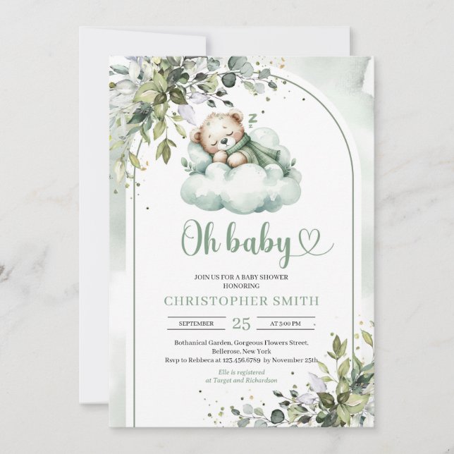 Boho arch eucalyptus greenery gender neutral invitation (Front)
