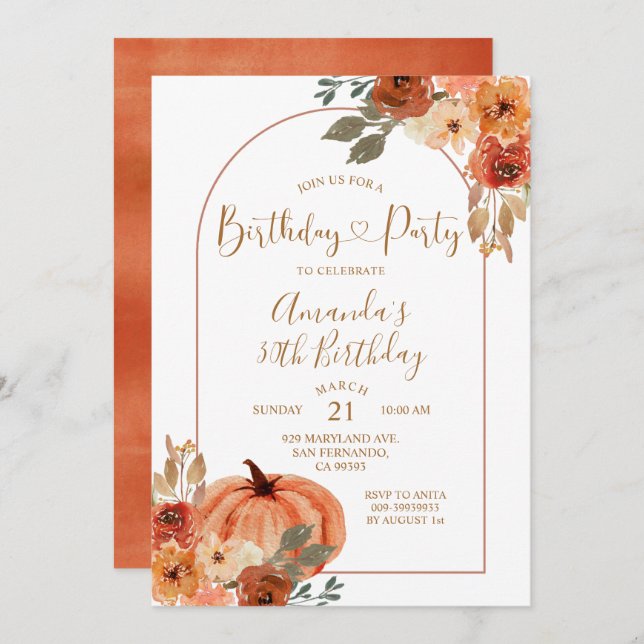 Boho Arch Fall Pumpkin Birthday 30th Party Invitation (Front/Back)