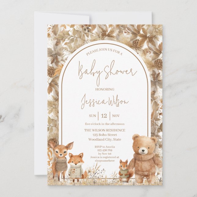 Boho Arch Fall  Woodland Animals Baby Shower Invitation (Front)