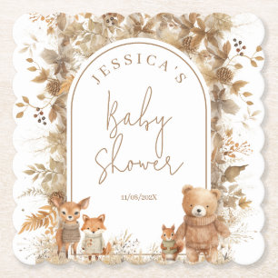 Boho Arch Fall Woodland Animals Baby Shower Paper Coaster