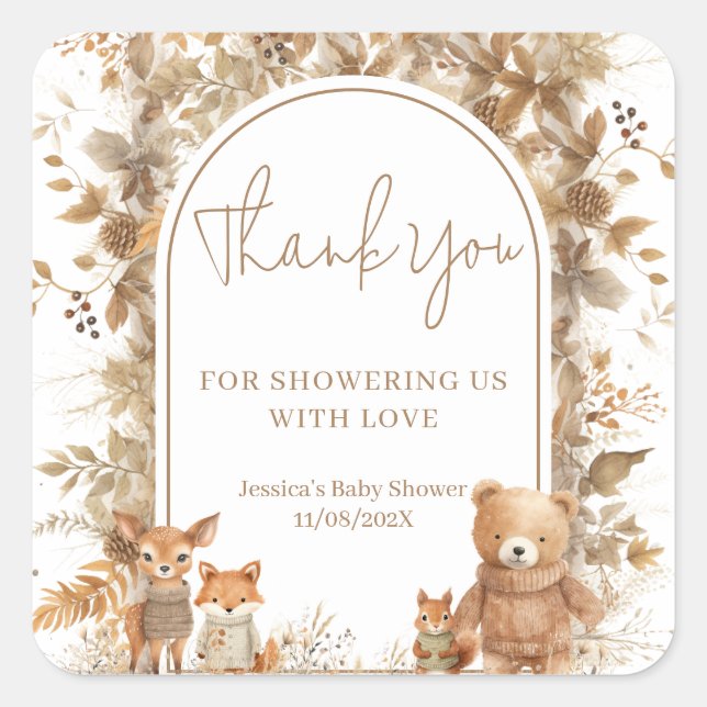 Boho Arch Fall  Woodland Animals Baby Shower Square Sticker (Front)