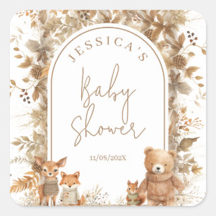 Boho Arch Fall Woodland Animals Baby Shower Square Sticker