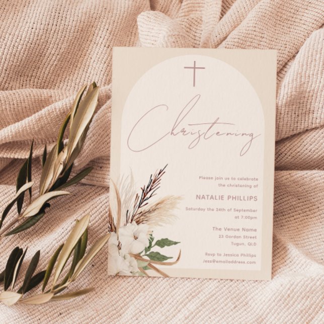 Boho Arch Floral Beige Cream Christening Invitation (Creator Uploaded)
