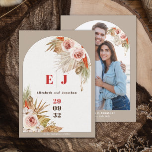 Boho arch frame floral Earth tones wedding photo Save The Date