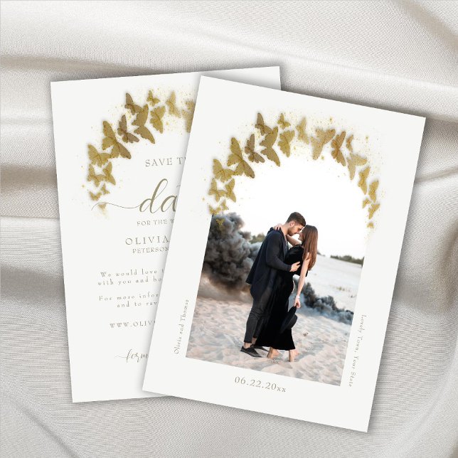 Boho Arch Gold Butterflies Elegant Photo Wedding Save The Date (Creator Uploaded)