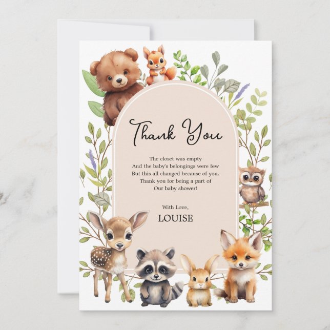Boho Arch Greenery Woodland Animals Baby Shower Thank You Card (Front)