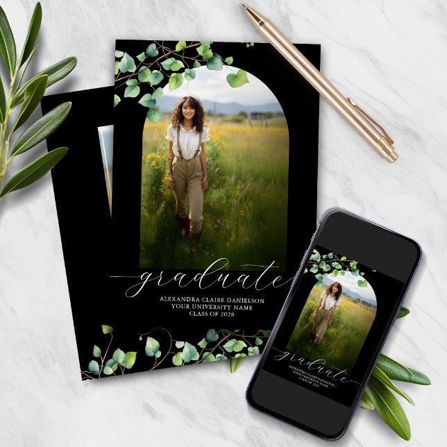 Boho Arch Ivy, Black Graduation  Invitation (Creator Uploaded)