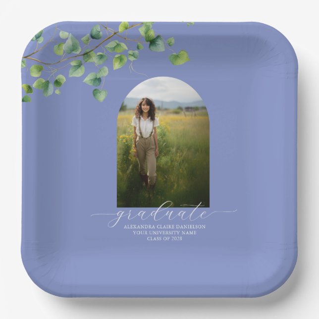 Boho Arch Ivy, Cornflower Blue Graduation  Paper Plate (Front)