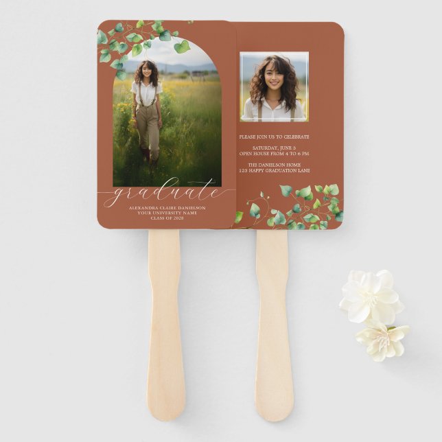 Boho Arch Ivy, Terracotta Brown Graduation  Hand Fan (Front and Back)