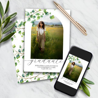 Boho Arch Ivy, White Graduation Announcement