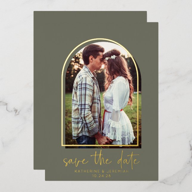 Boho Arch Minimalist Green Gold Foil Save the Date (Front/Back)