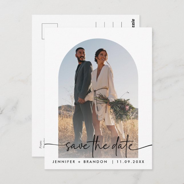 Boho arch overlay Calligraphy Save the Date Photo Postcard (Front/Back)