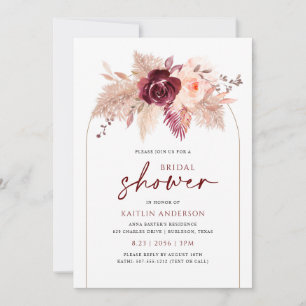 Boho Arch Pampas Bridal Shower Burgundy Invitation