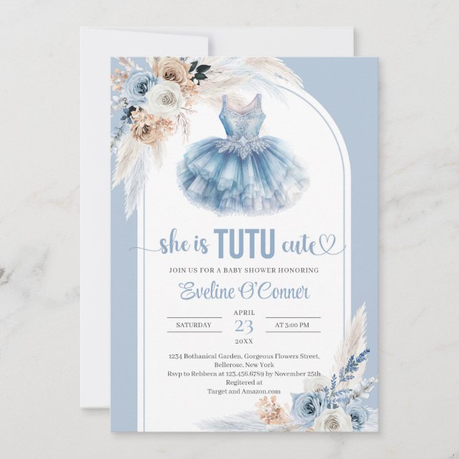 Boho arch pampas grass blue tutu dress Baby Shower Invitation (Front)
