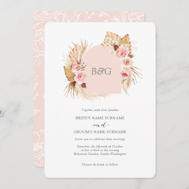Boho arch pampas grass blush pink initial wedding invitation (Front/Back)