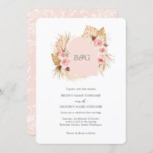 Boho arch pampas grass blush pink initial wedding invitation