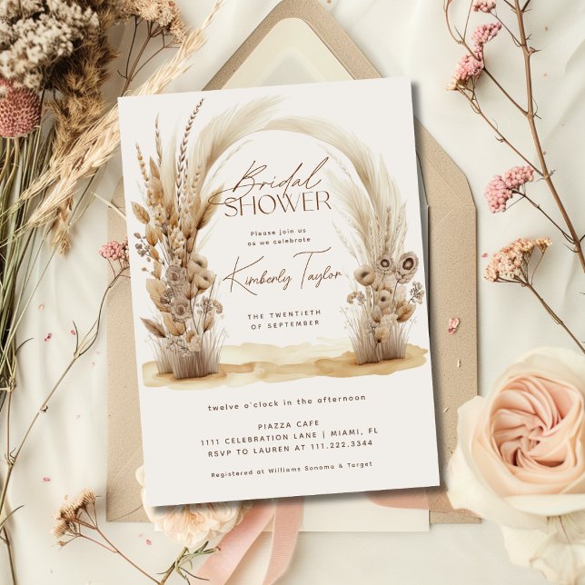 Boho Arch Pampas Grass Floral Bridal Shower Invitation (Creator Uploaded)