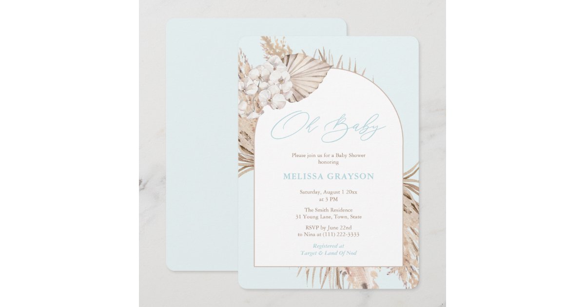 Boho Arch Pampas Grass Light Blue Boy Baby Shower Invitation | Zazzle