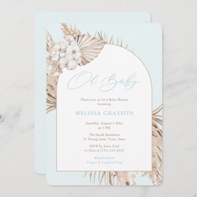 Boho Arch Pampas Grass Light Blue Boy Baby Shower Invitation (Front/Back)