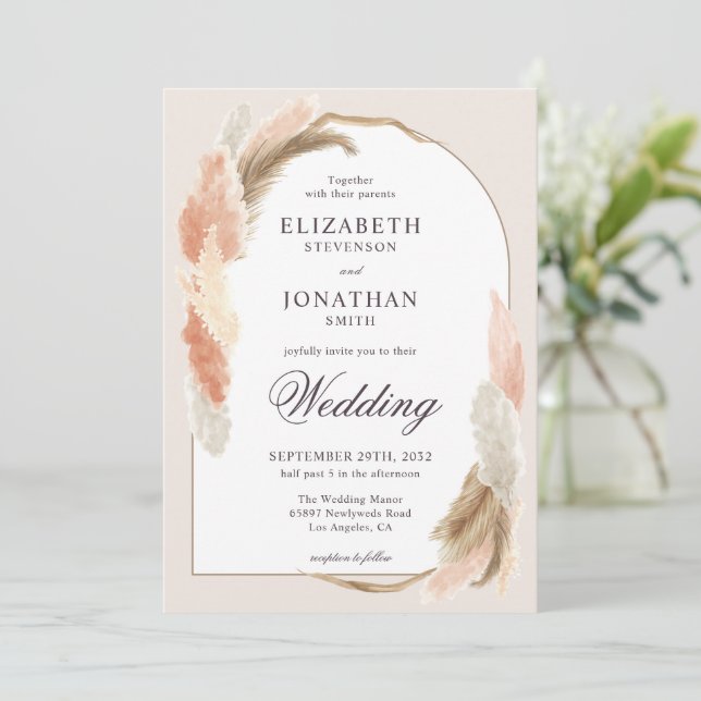 Boho arch pampas grass modern wedding invitation (Standing Front)