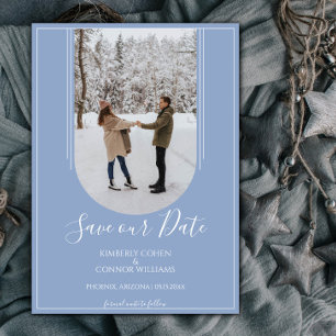 Boho Arch Photo Save the Date Dusty Blue