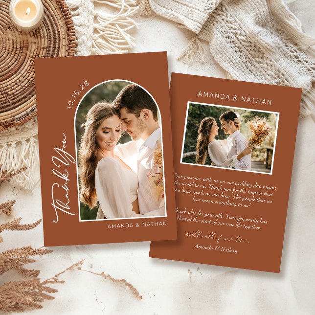 Boho Arch Photo Terracotta Wedding Thank You Card (Creator Uploaded)