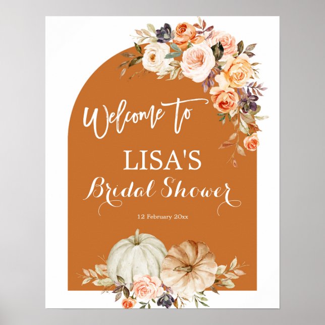 Boho Arch Pumpkin Burnt Orange Floral Welcome Sign (Front)