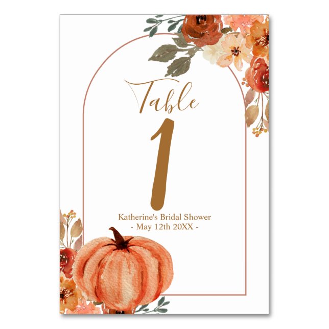 Boho Arch Pumpkin Terracota Floral Bridal Shower Table Number (Front)