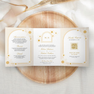 Boho Arch Retro Yellow Daisy All in One Wedding Tri-Fold Invitation