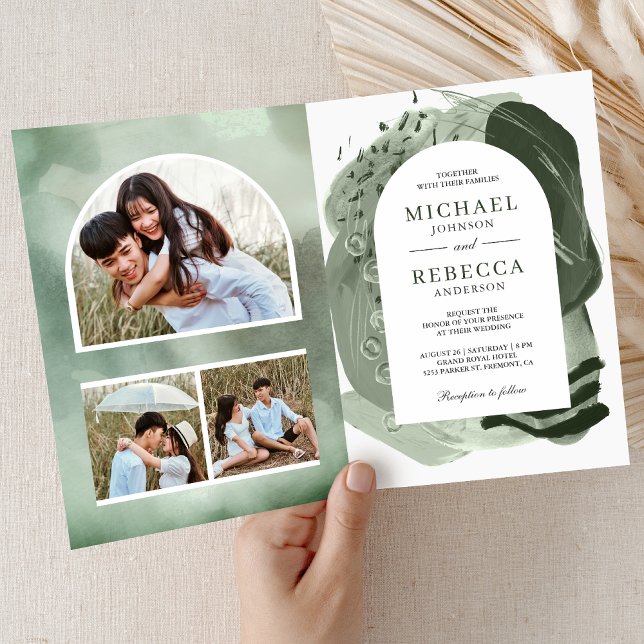 Boho Arch Sage Green Brush Strokes QR Code Wedding Invitation (Creator Uploaded)