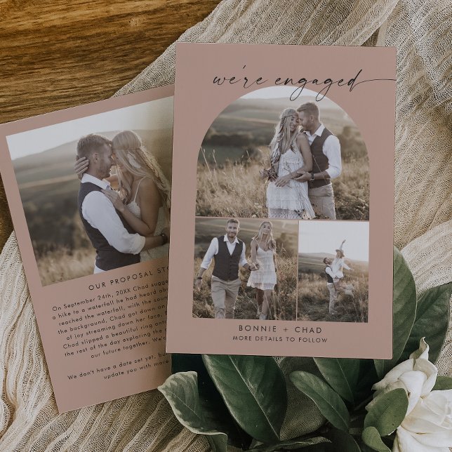 Boho Arch Salmon Proposal Photo Collage Engagement Announcement (Creator Uploaded)