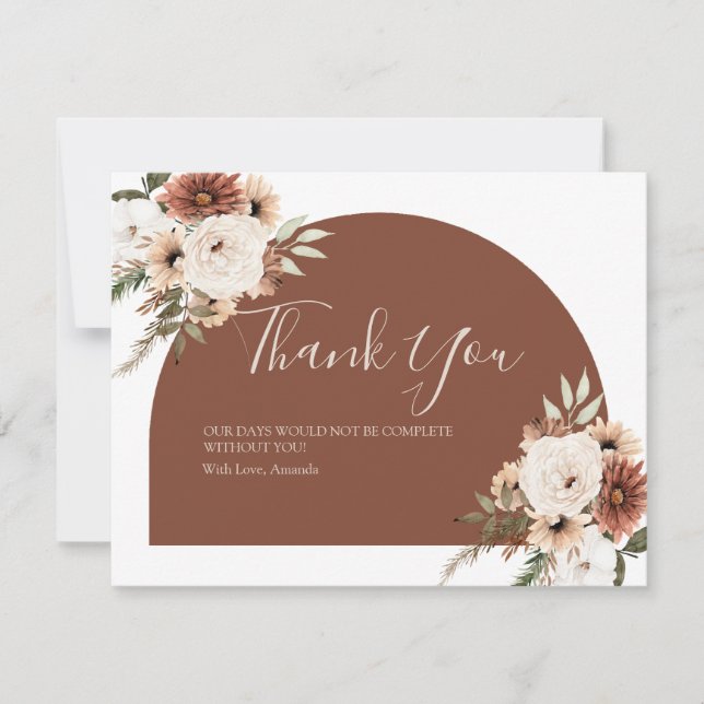 Boho Arch Terracota White Floral Baby Shower Thank You Card (Front)