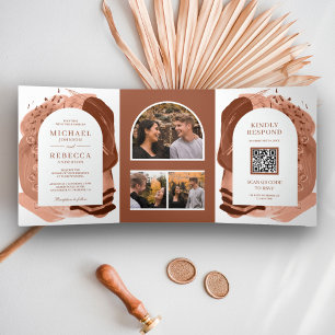 Boho Arch Terracotta Brush Strokes QR Code Wedding Tri-Fold Invitation