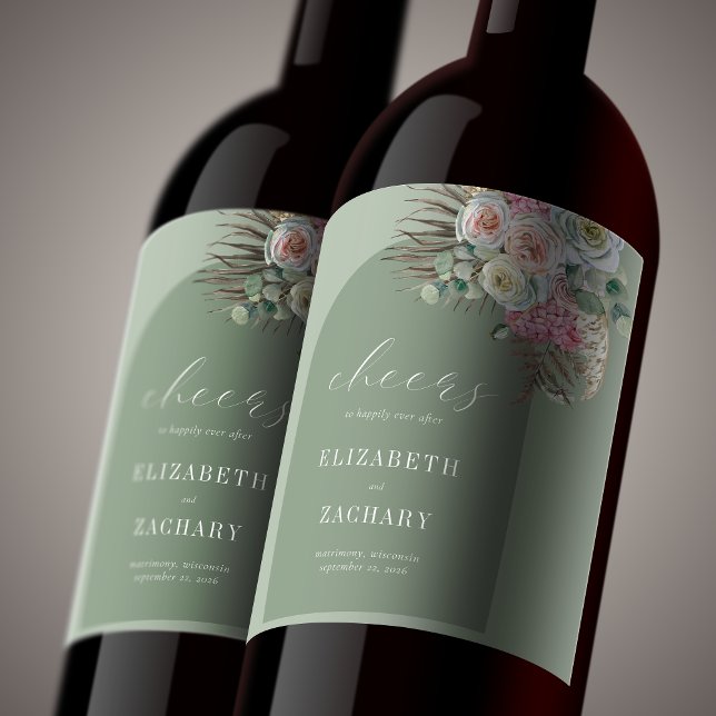 Boho Arch Tropical Floral Sage Green Wedding Wine Label (Creator Uploaded)