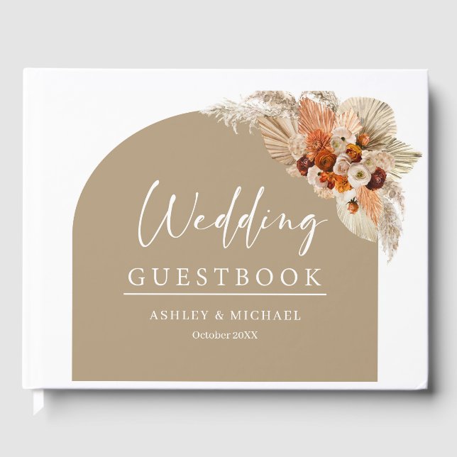 Boho arch tropical terracotta orange copper floral guest book (Front)