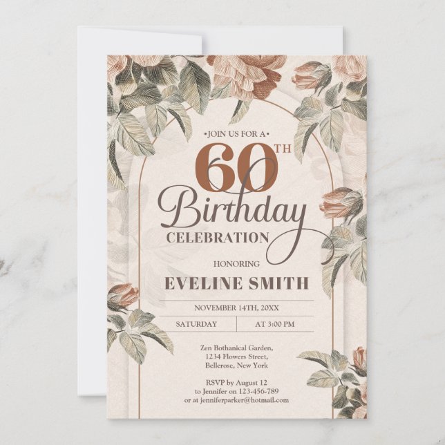 Boho arch vintage earthy colours flowers sage  invitation (Front)