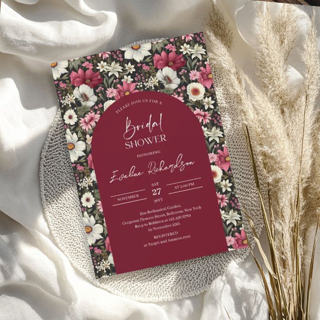 Boho arch watercolor burgundy & blush wildflowers invitation (Boho arch watercolor burgundy & blush wildflowers invitation)