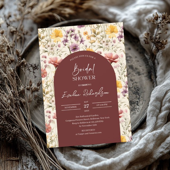 Boho arch watercolor burgundy yellow wildflowers invitation (Boho arch watercolor burgundy yellow wildflowers invitation)
