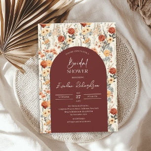Boho arch watercolor crimson red yellow wildflower invitation