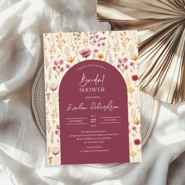 Boho arch watercolor deep purple yellow wildflower invitation (Boho arch watercolor deep purple yellow wildflower invitation)