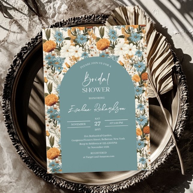 Boho arch watercolor dusty blue orange wildflowers invitation (Boho arch watercolor dusty blue orange wildflowers invitation)