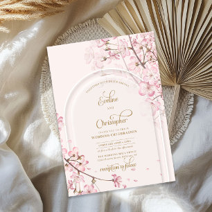 Boho arch watercolor soft pink cherry blossom gold invitation