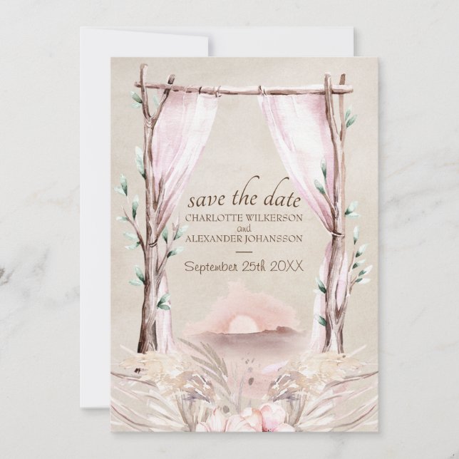 Boho Arch Watercolor Sunset on the Beach Invitation (Front)