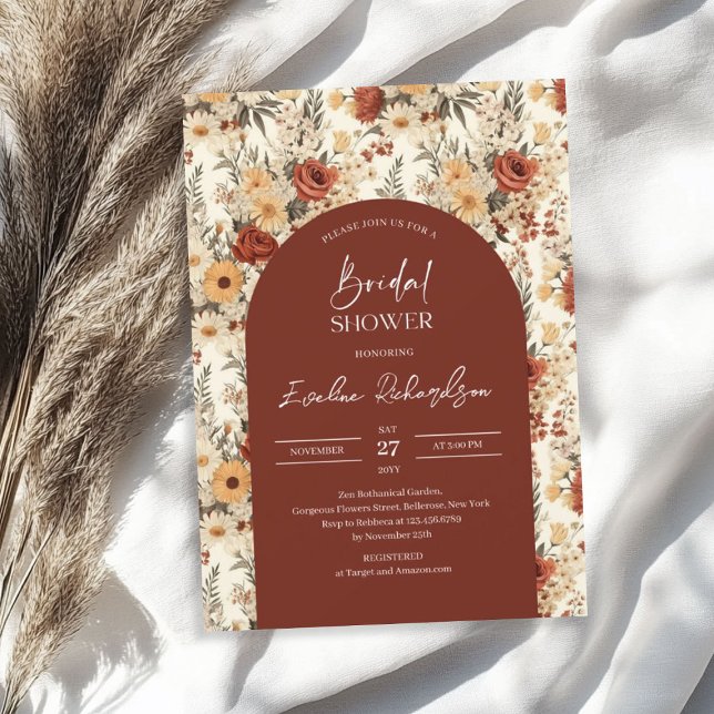 Boho arch watercolor terracotta yellow wildflowers invitation (Boho arch watercolor terracotta yellow wildflowers invitation)